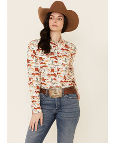 Rock & Roll Denim Women's Tan Desert Print Long Sleeve Snap Western Core Shirt , Tan, hi-res
