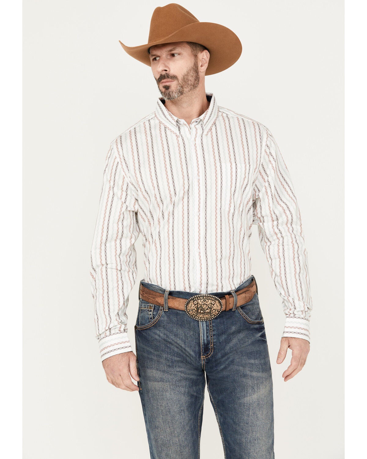 Image #1 - RANK 45&reg; Men's Stormy Southwestern Striped Print Long Sleeve Button-Down Stretch Western Shirt, Gold, hi-res