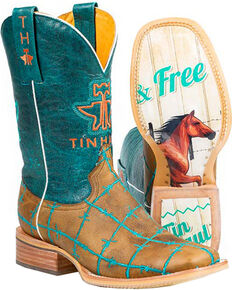 Tin Haul Women's Wild and Free Cowgirl Boots - Square Toe, Tan, hi-res