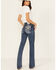 Image #1 - Miss Me Women's Dark Rise Mid Wash Geo Feather Pocket 34" Bootcut Stretched Denim Jeans, Dark Wash, hi-res