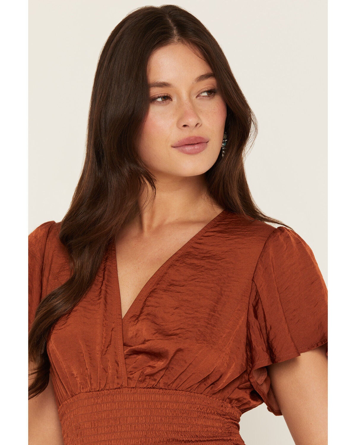 Image #2 - Shyanne Women's Millie Flutter Sleeve Smocked Waist Cropped Top, Brown, hi-res