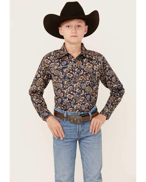 Image #1 - Cowboy Hardware Boys' Paisley Print Long Sleeve Snap Western Shirt , Navy, hi-res