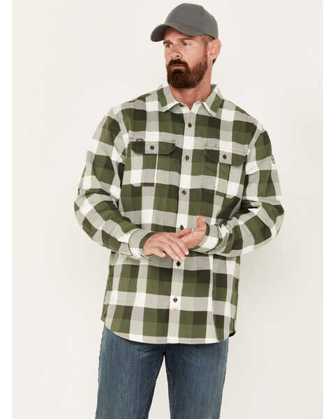 Image #1 - Hawx Men's FR Midweight Plaid Print Long Sleeve Button-Down Work Shirt, Olive, hi-res