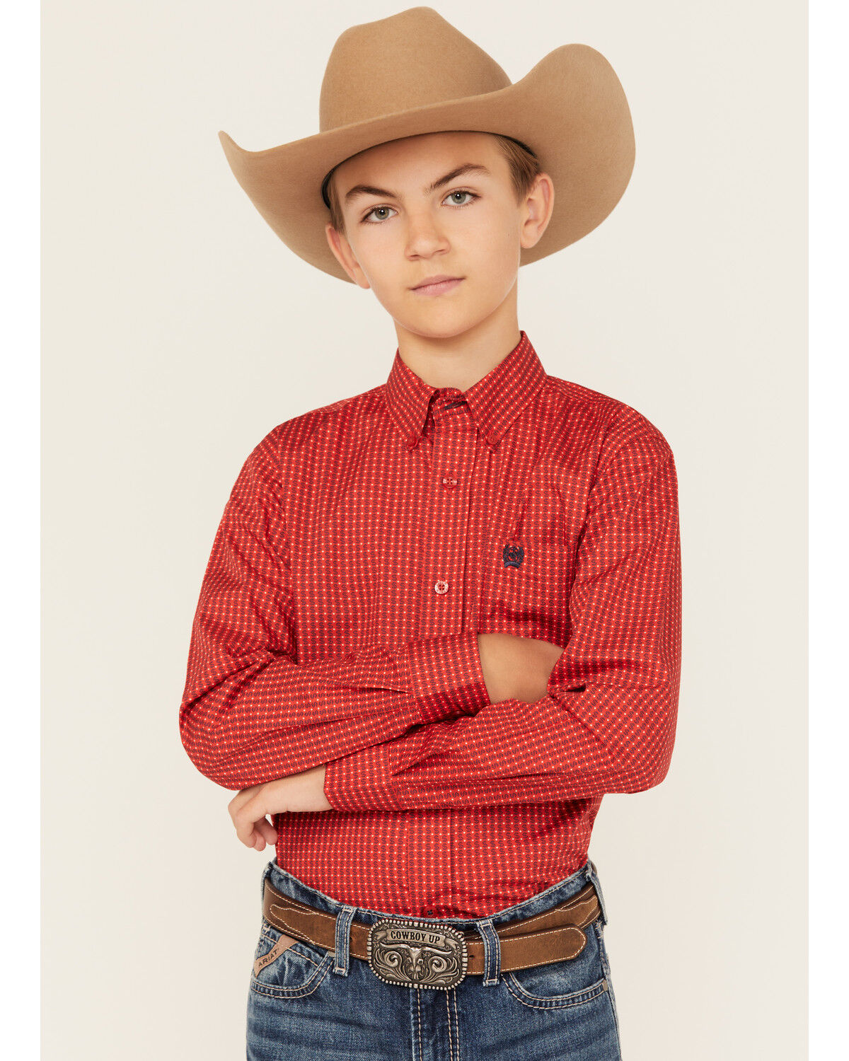 Image #1 - Cinch Boys' Geo Print Long Sleeve Button-Down Western Shirt, Red, hi-res