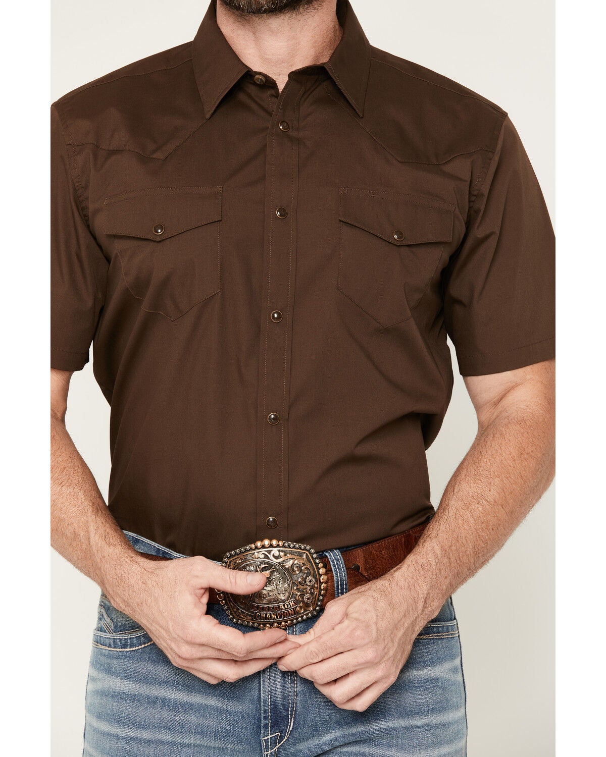 Image #3 - Gibson Trading Co Men's Solid Short Sleeve Snap Western Shirt - Big, Dark Brown, hi-res