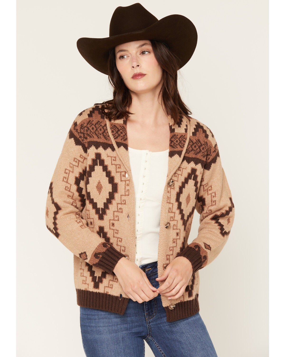 Shyanne Women's Brandi Southwestern Print Button Front Cardigan, Khaki, hi-res
