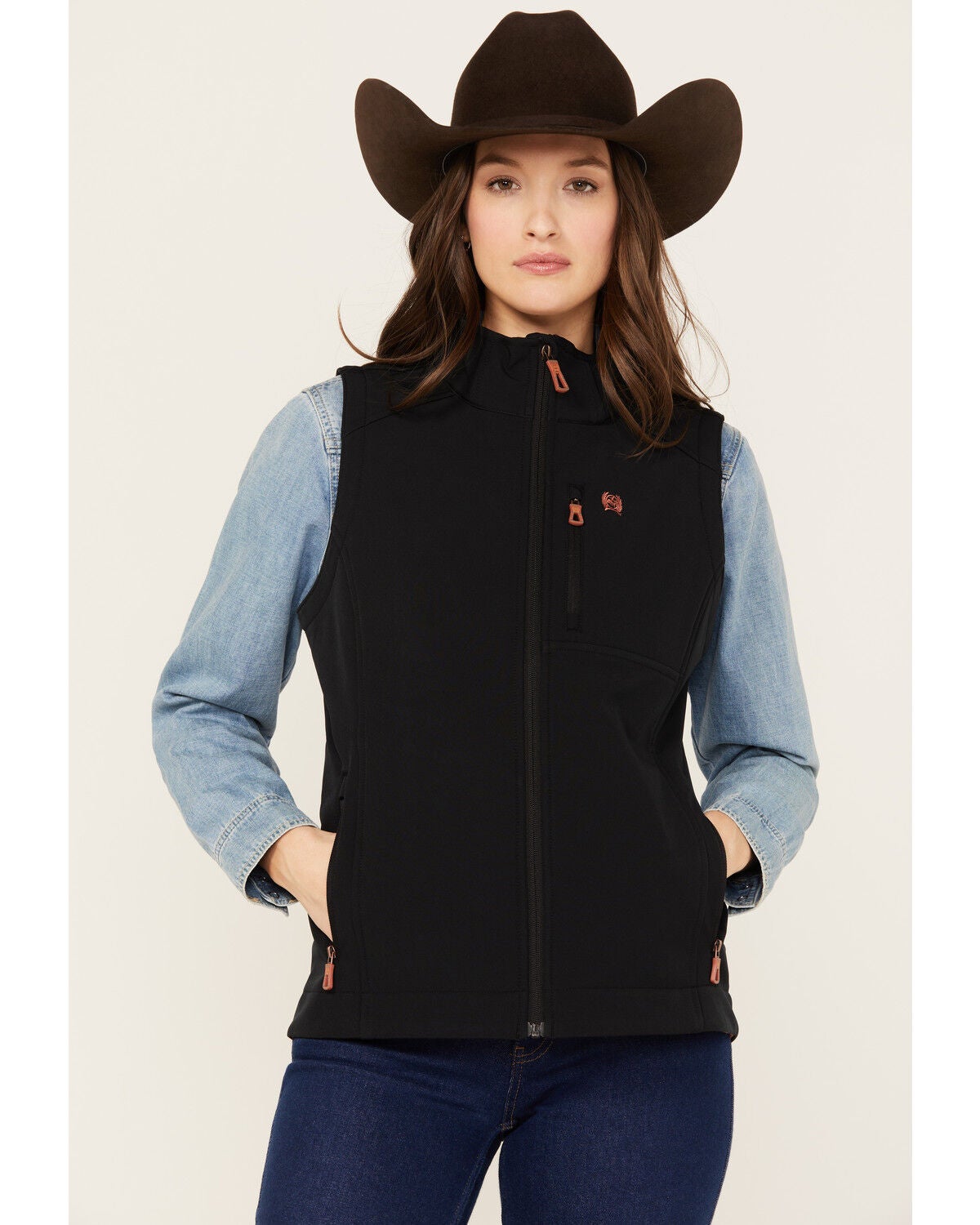 Cinch Women's Logo Embroidered Softshell Vest, Black, hi-res