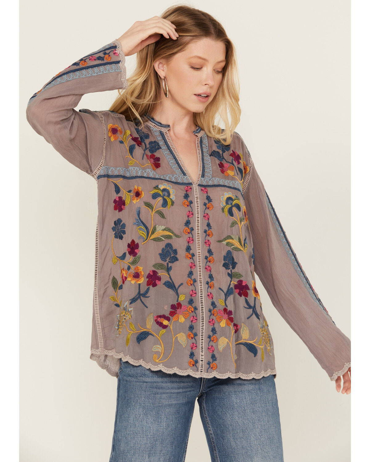 Image #2 - Johnny Was Women's Floral Embroidered Long Sleeve Shirt, Grey, hi-res