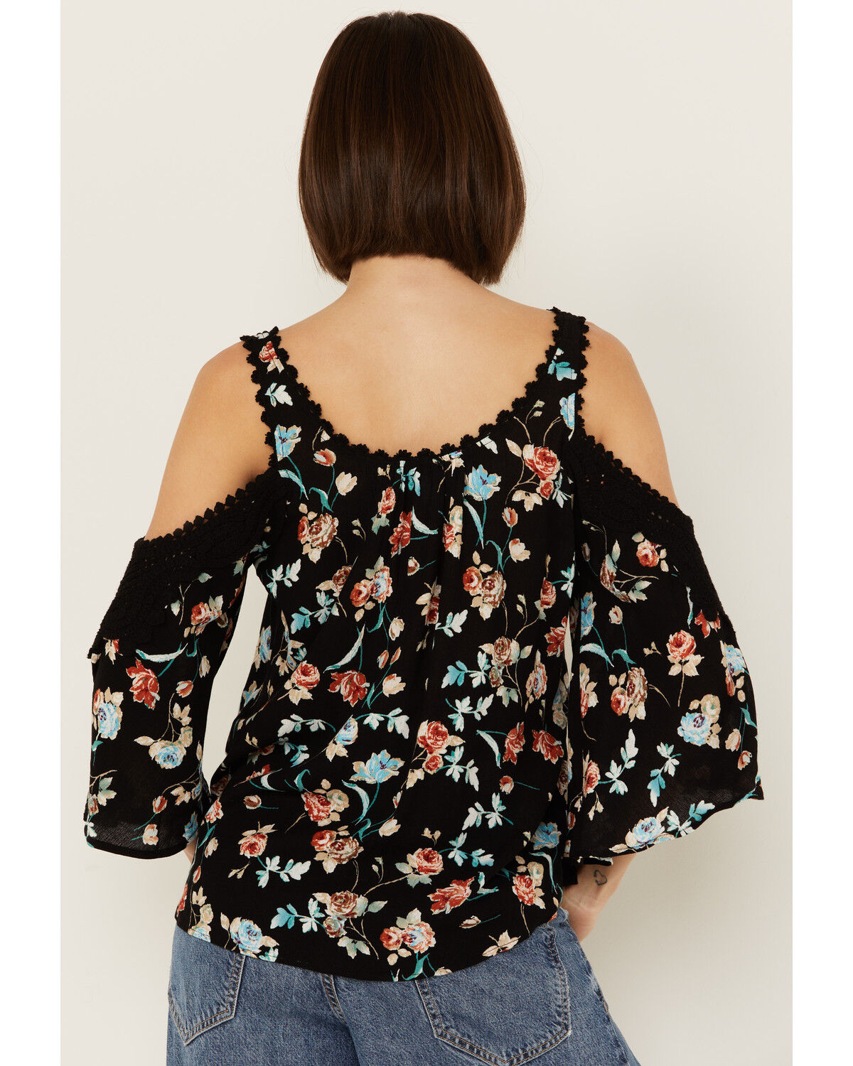 Image #4 - Wild Moss Women's Floral Print Crochet Cold Shoulder Top, Black, hi-res