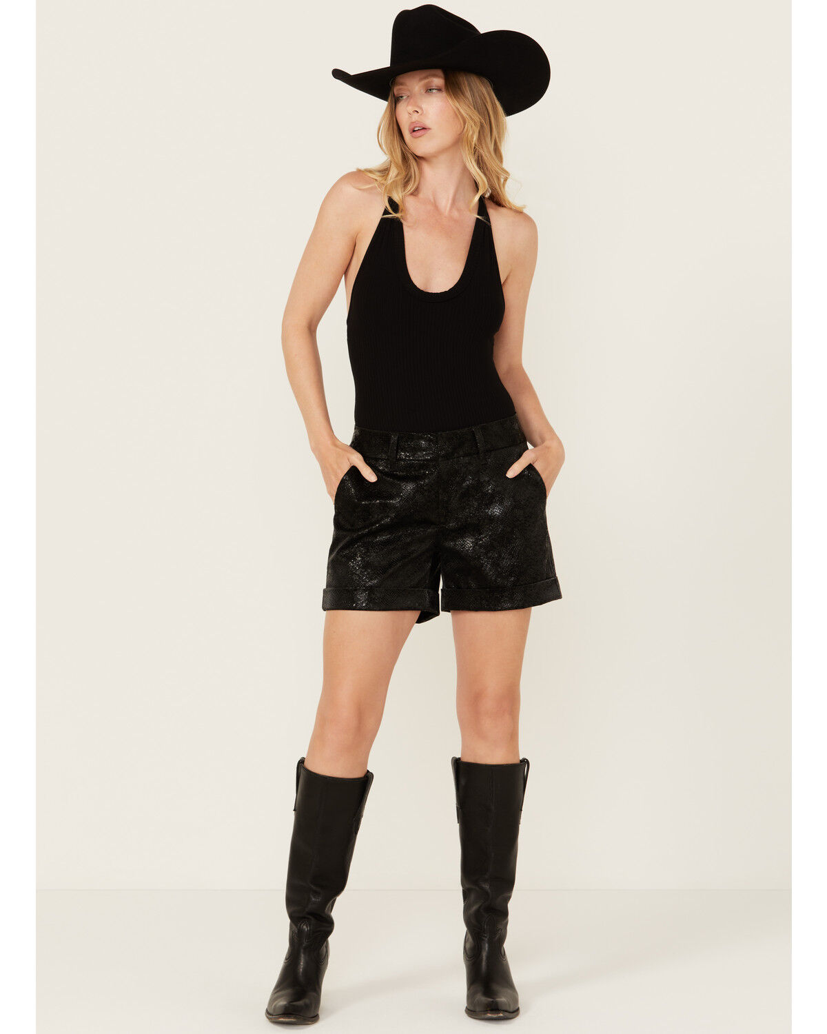 Image #1 - Dear John Women's Mid Rise Snake Print Shorts, Black, hi-res