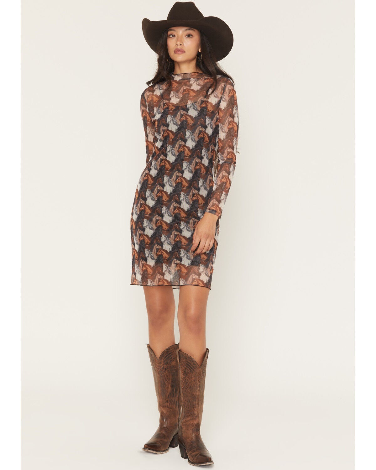 Image #1 - Rock & Roll Denim Women's Horse Print Long Sleeve Mesh Mini Dress, Black, hi-res