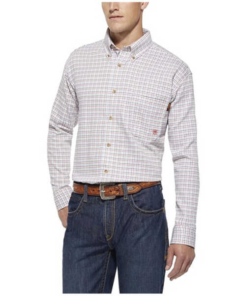 Image #1 - Ariat Men's FR Gauge Plaid Print Long Sleeve Button Down Work Shirt, White, hi-res