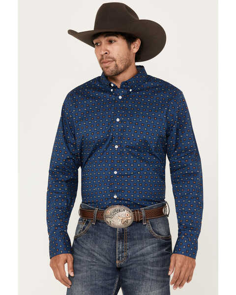 Cody James Men's 2nd Round Geo Print Long Sleeve Button-Down Western Shirt, Dark Blue, hi-res
