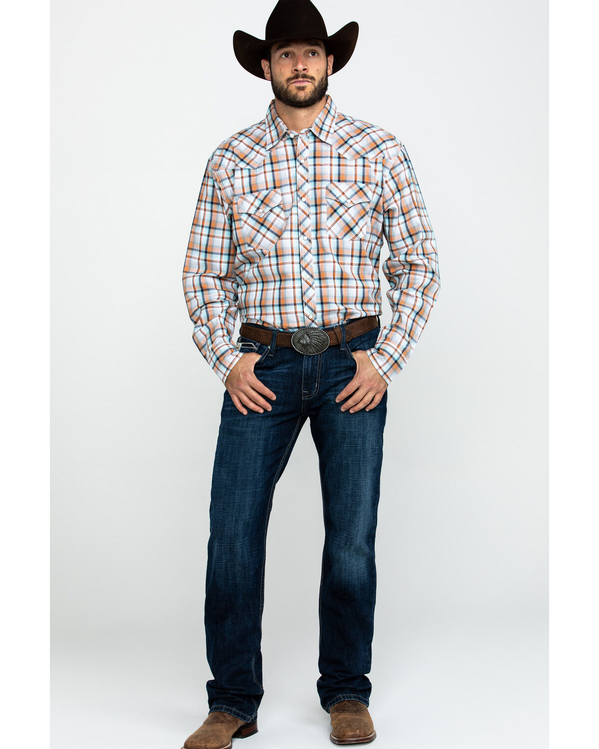 Image #6 - Wrangler 20X Men's Advanced Comfort Orange Plaid Long Sleeve Western Shirt, , hi-res