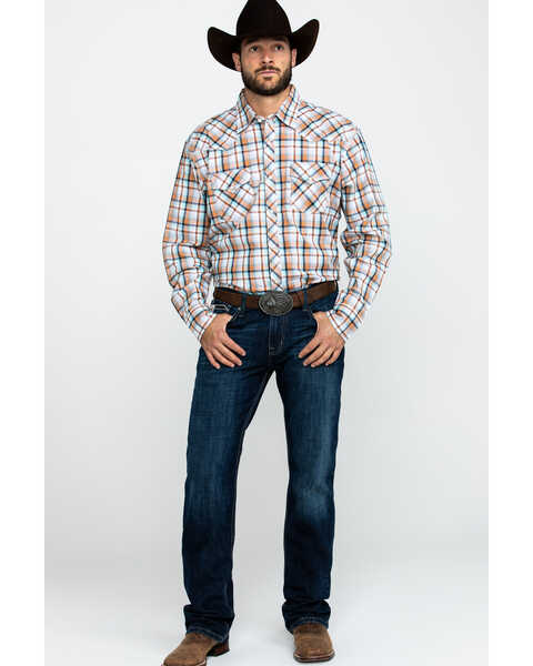 Wrangler 20X Men's Advanced Comfort Orange Plaid Long Sleeve Western Shirt , Orange, hi-res