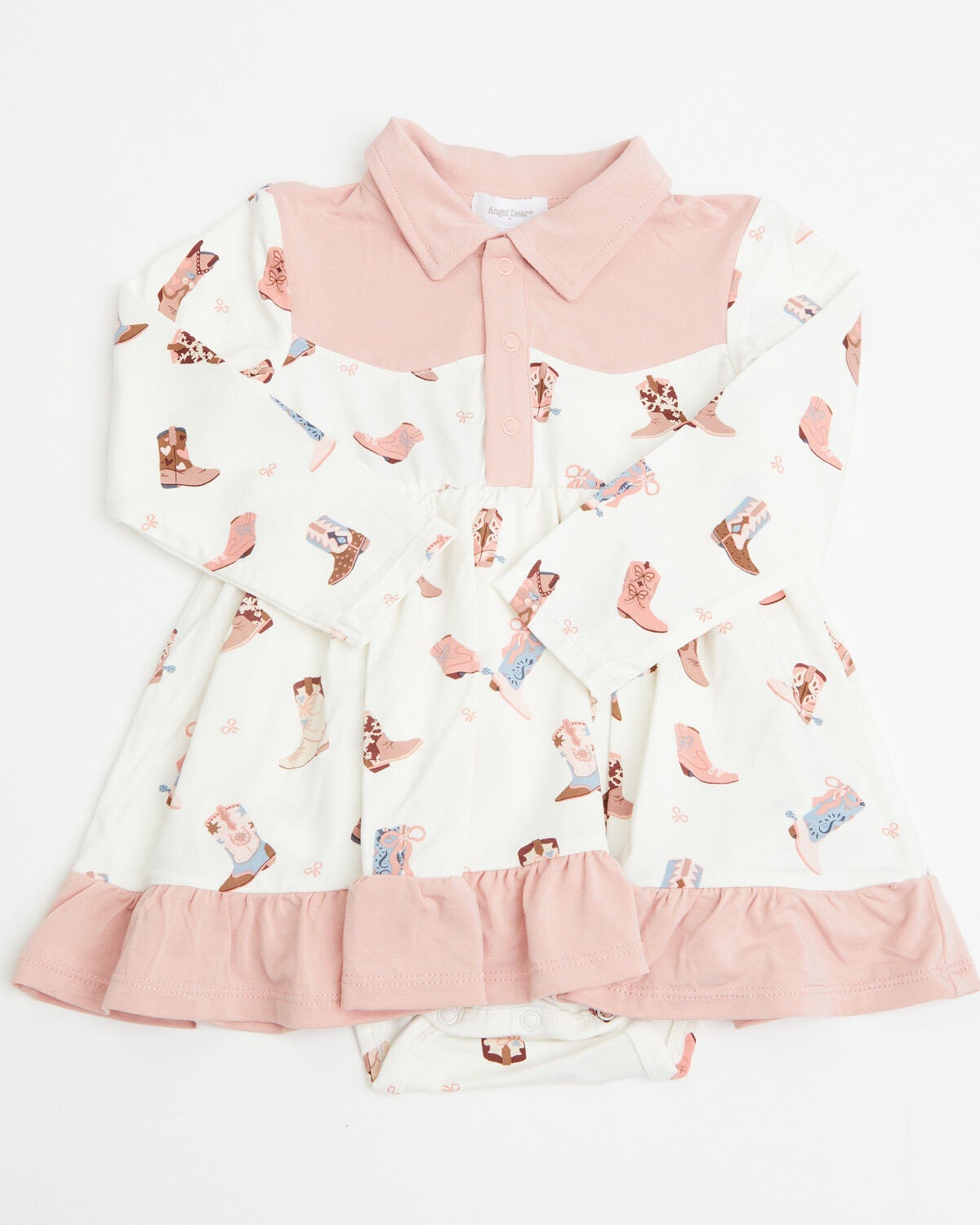 Image #1 - Angel Dear Infant Girls' Buckarette Boot Print Onesie Dress, Ivory, hi-res
