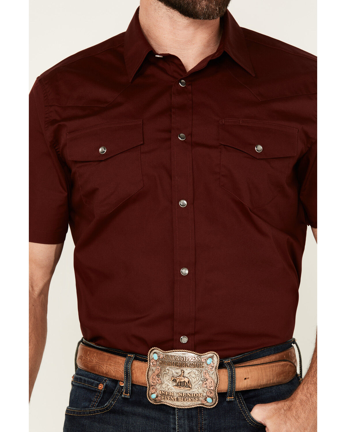 Image #3 - Gibson Trading Co Men's Solid Short Sleeve Snap Stretch Western Shirt, Burgundy, hi-res
