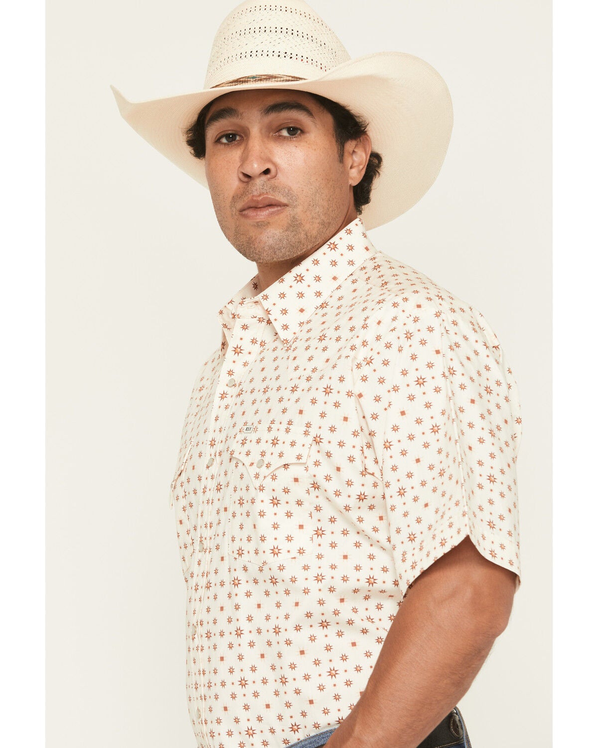 Image #2 - Ely Walker Men's Boot Barn Exclusive Geo Print Short Sleeve Snap Western Shirt, Cream, hi-res