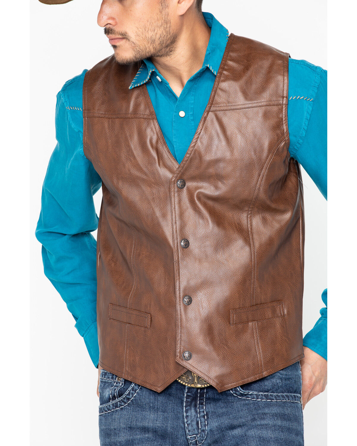 Image #2 - Cripple Creek Men's Whiskey Brown Faux Leather Vest, Med Brown, hi-res