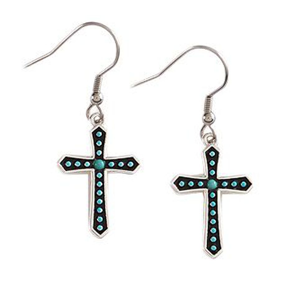 Montana Silversmiths Silver-tone & Faux Turquoise Stones Cross Earrings, Silver, hi-res
