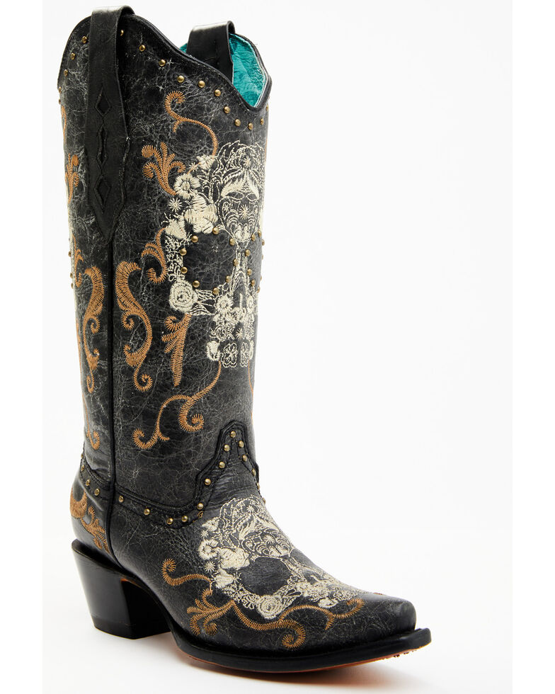 Corral Women's Floral Skull Embroidery & Studs Cowgirl Boots - Snip Toe, Black, hi-res