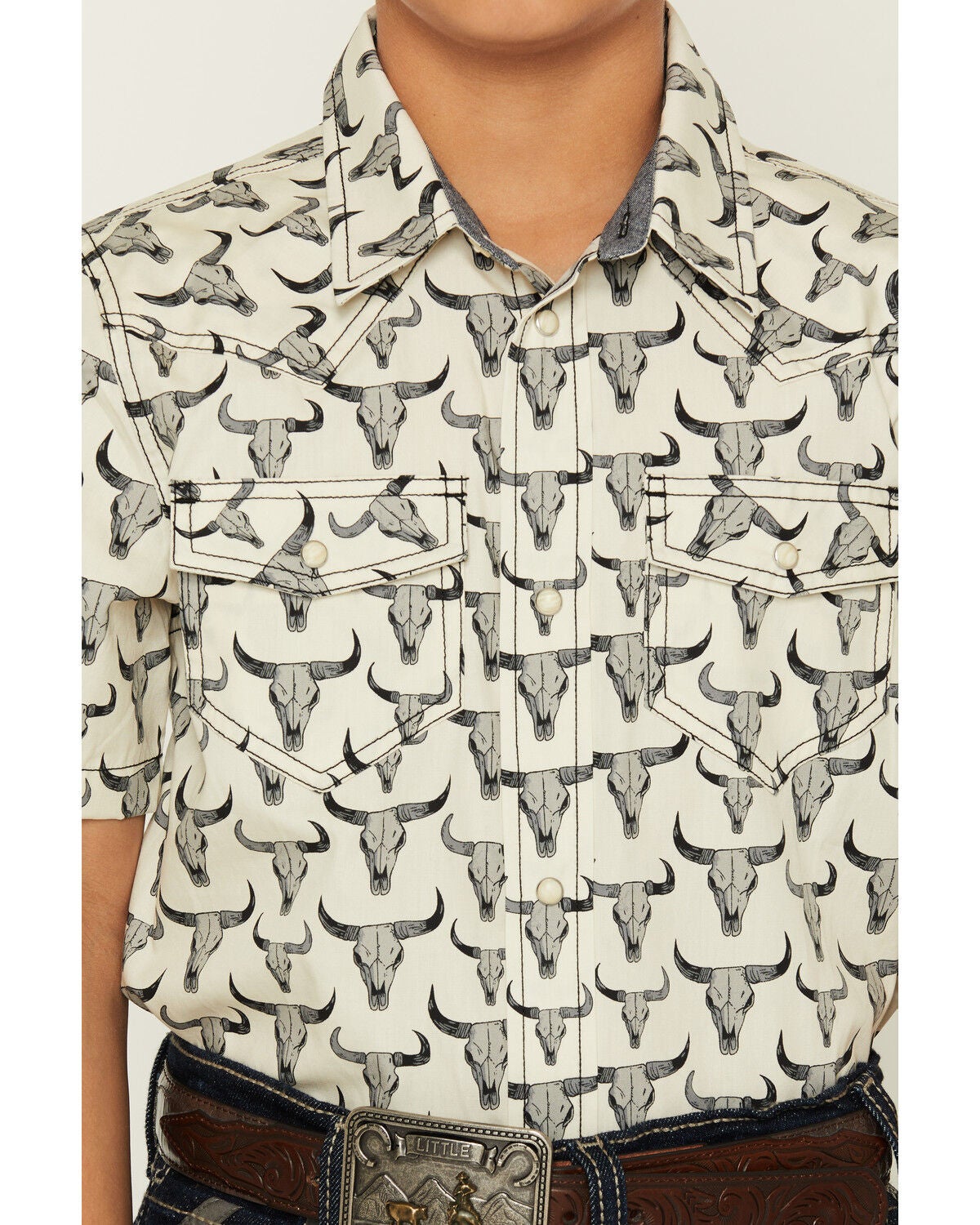 Image #3 - Cody James Boys' Toro Steerhead Print Short Sleeve Snap Western Shirt, Tan, hi-res