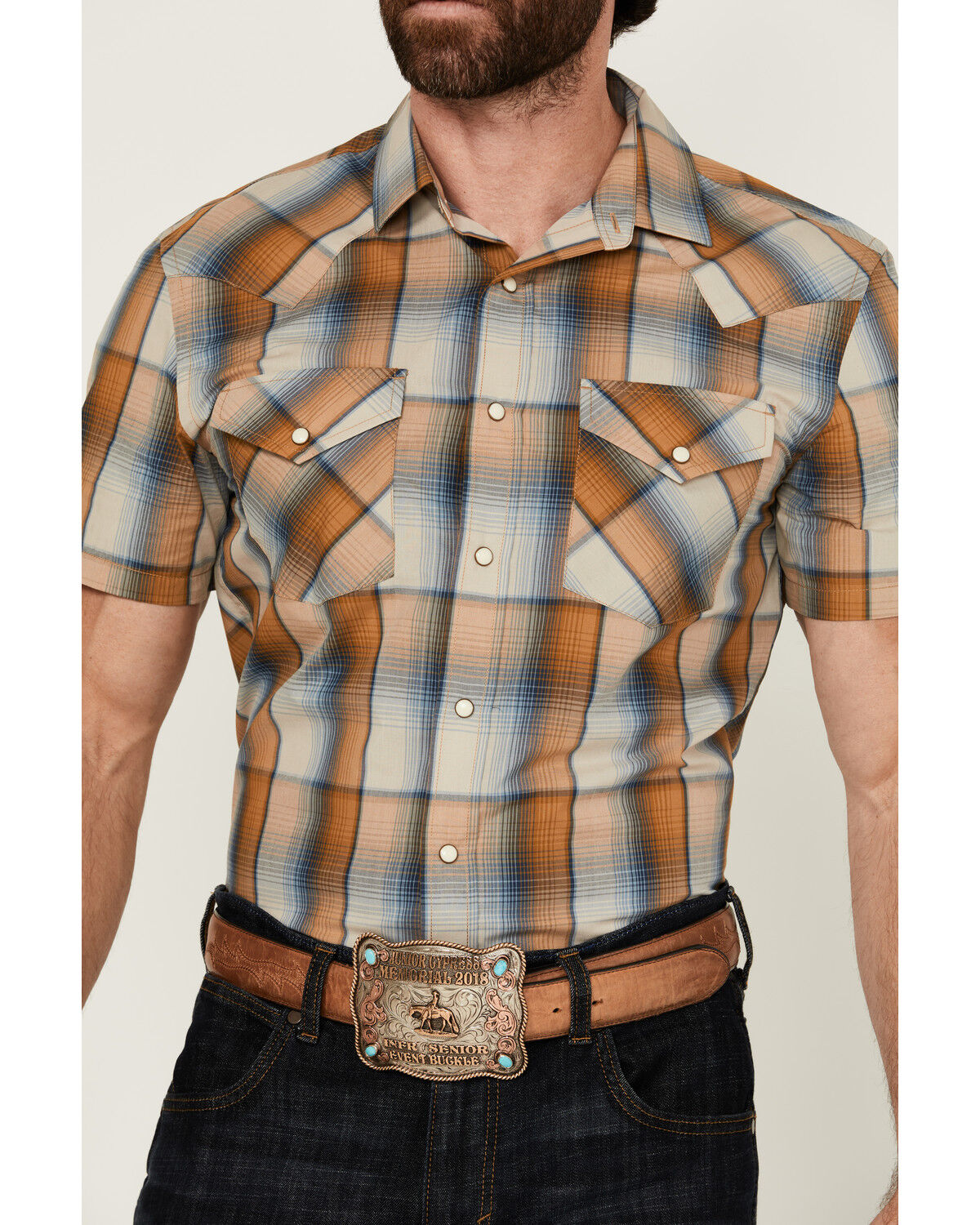 Image #3 - Pendleton Men's Frontier Plaid Print Short Sleeve Snap Western Shirt, Blue, hi-res