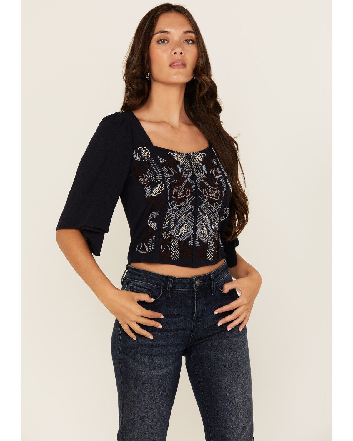 Image #1 - Shyanne Women's Embroidered Short Sleeve Cropped Blouse, Indigo, hi-res