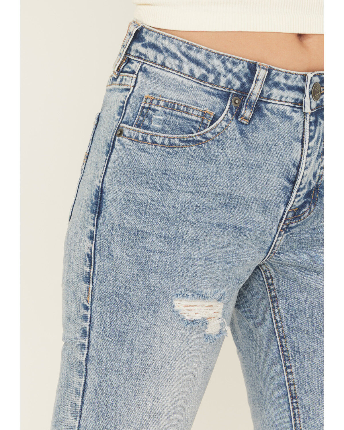Image #4 - Rock & Roll Denim Women's Medium Wash Mid Rise Distressed Bootcut Stretch Denim Jeans, Medium Wash, hi-res