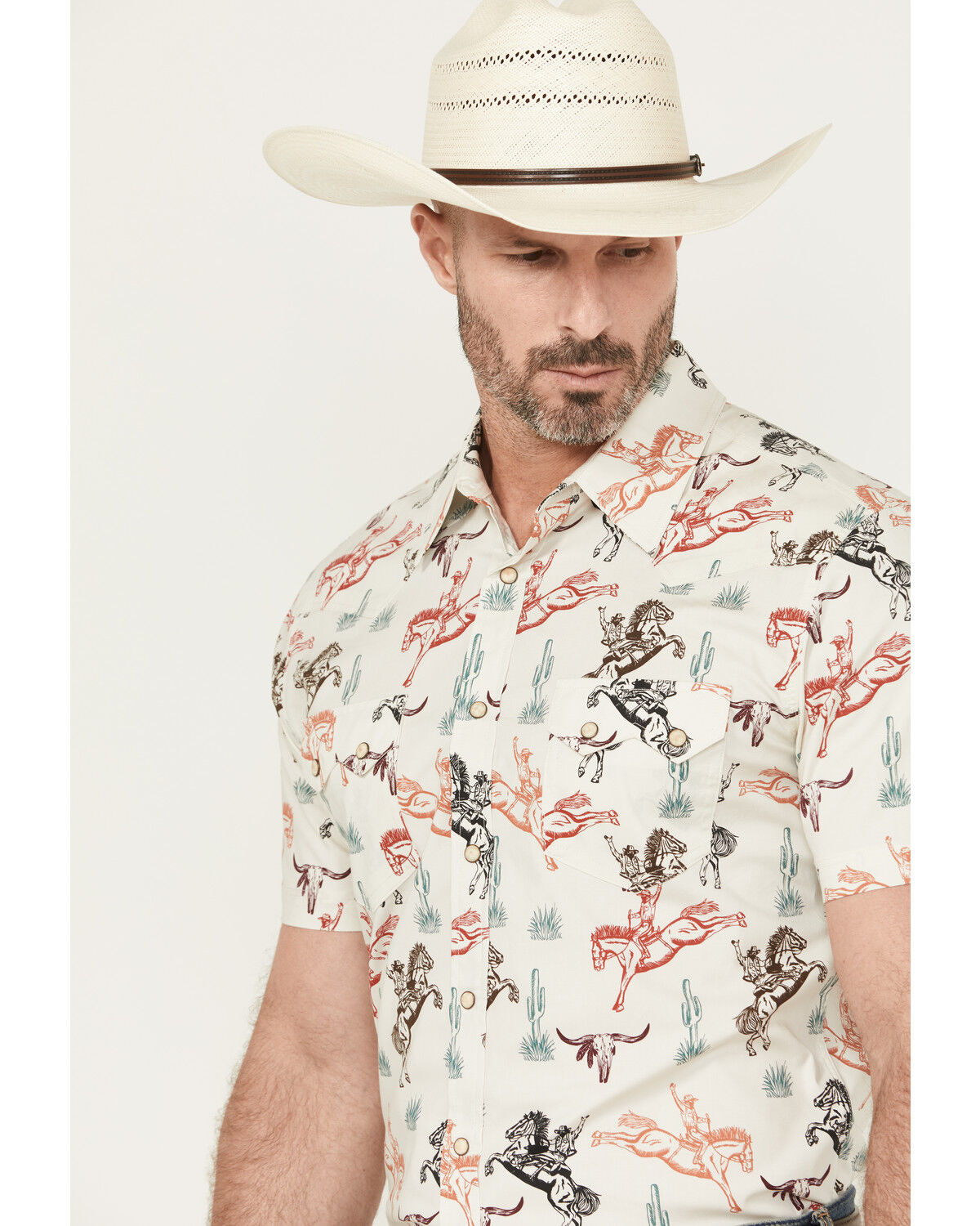 Image #2 - Rock & Roll Denim Men's Bronc Print Short Sleeve Snap Stretch Western Shirt, Natural, hi-res