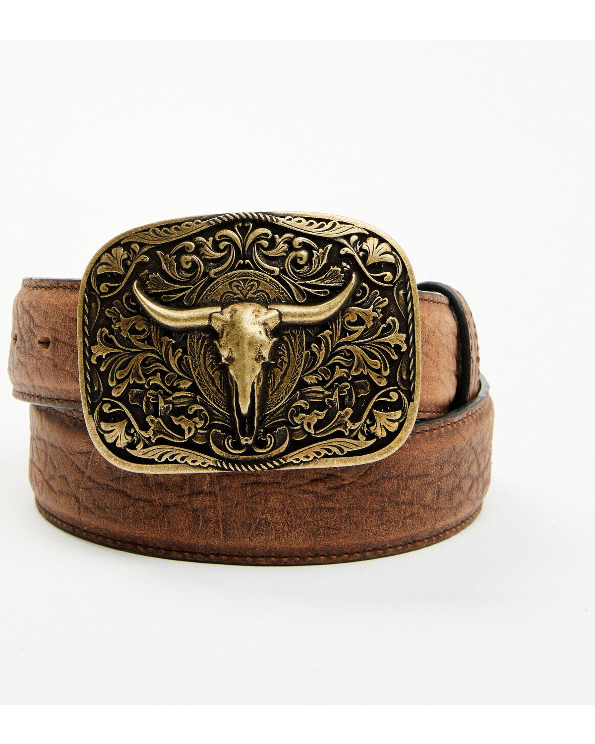 Cody James Men's Long Horn Buckle Belt, Brown, hi-res