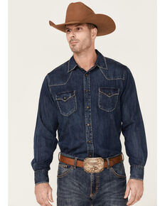 Ryan Michael Men's Medium Wash Denim Long Sleeve Snap Western Shirt , Indigo, hi-res