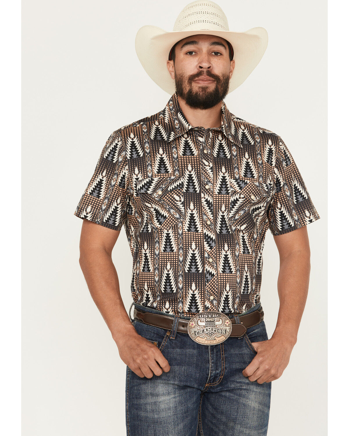 Image #1 - Rock & Roll Denim Men's Southwestern Print Short Sleeve Snap Stretch Western Shirt, Black, hi-res