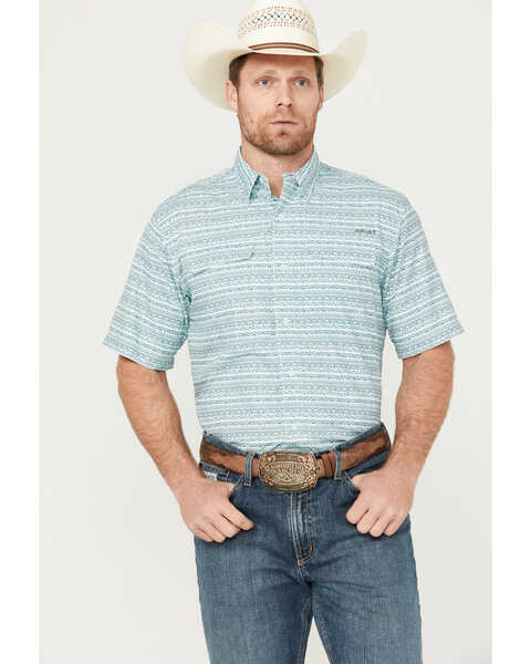 Ariat Men's VentTEK Outbound Southwestern Print Classic Fit Short Sleeve Button Down Shirt, Aqua, hi-res