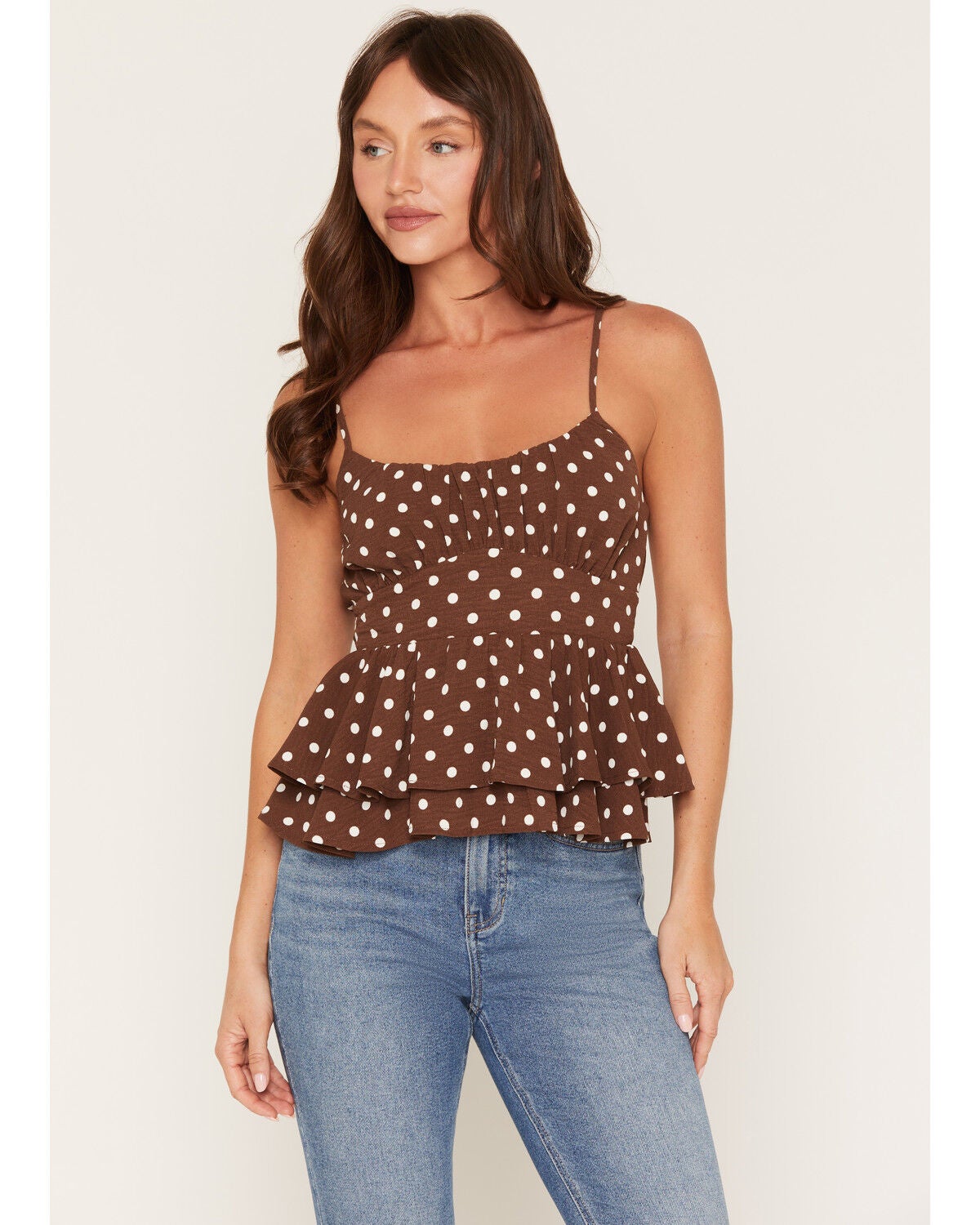 Image #1 - Originality Women's Boot Barn Exclusive Polka Dot Tie-Back Tank Top, Brown, hi-res