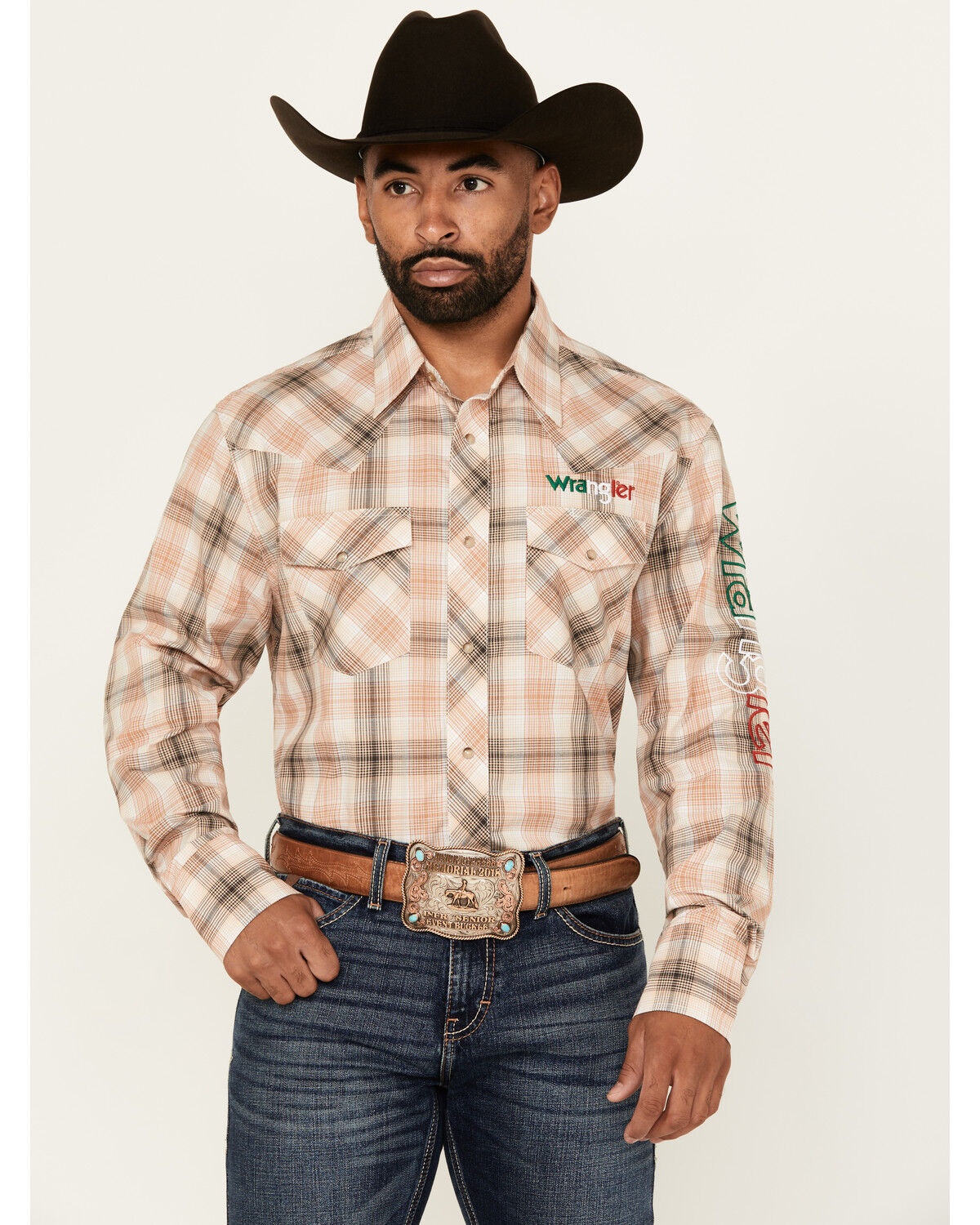 Image #1 - Wrangler Men's Mexico Logo Plaid Print Long Sleeve Snap Western Shirt, Tan, hi-res