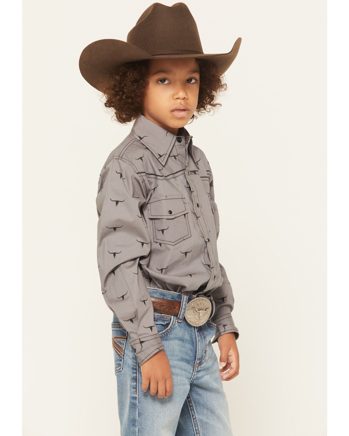 Image #2 - Cowboy Hardware Boys' Skull Scatter Long Sleeve Snap Stretch Western Shirt, Charcoal, hi-res
