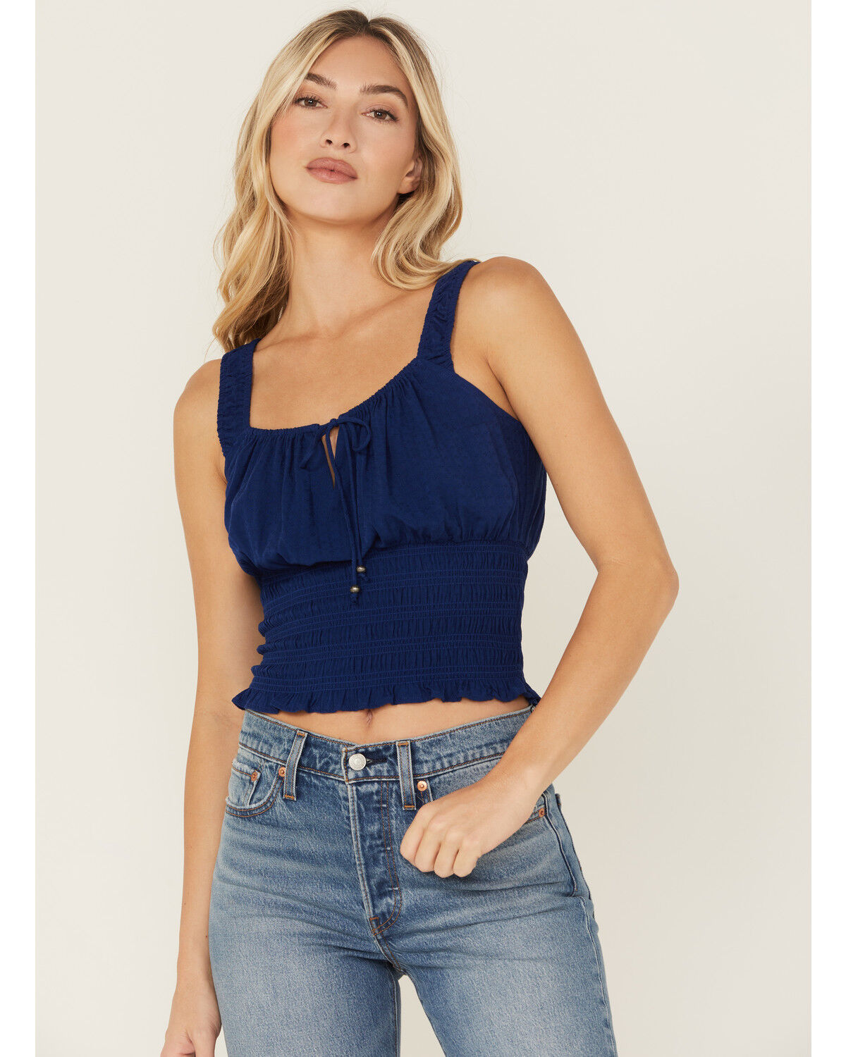 Image #1 - Shyanne Women's Solid Jacquard Smocked Sleeveless Tank Top, Blue, hi-res