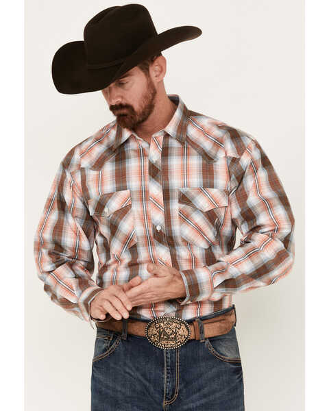 Resistol Men's Frank Ombre Plaid Print Long Sleeve Button-Down Western Shirt, Peach, hi-res