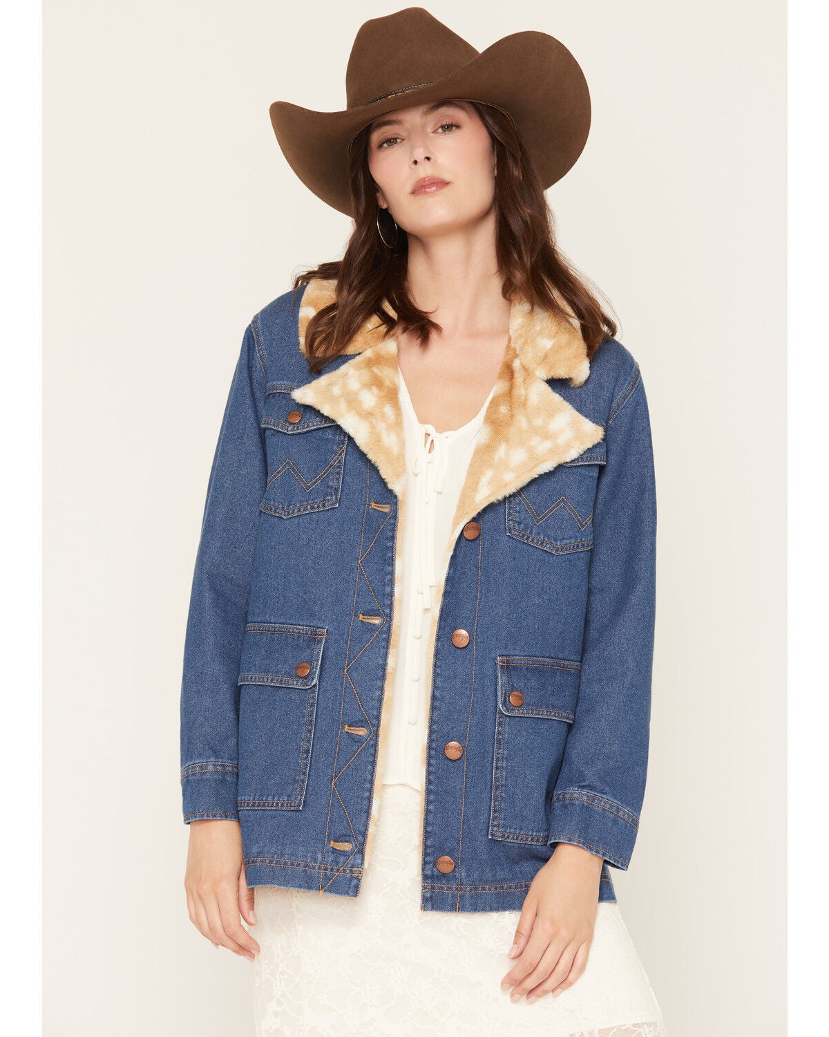Wrangler Women's Faux Fur Wrange Coat, Medium Wash, hi-res