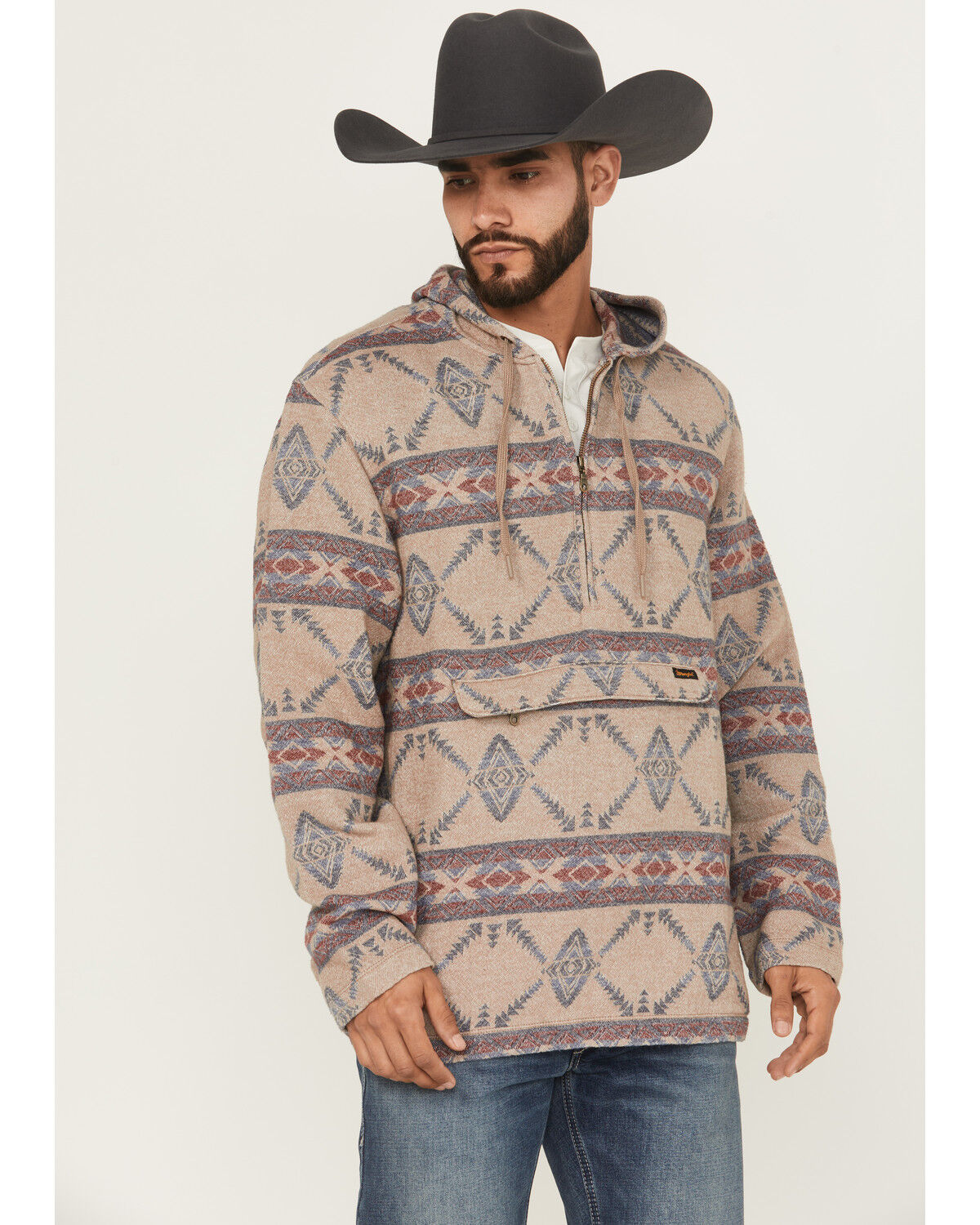 Image #1 - Wrangler Men's Southwestern Print 1/4 Zip Hooded Pullover, Taupe, hi-res
