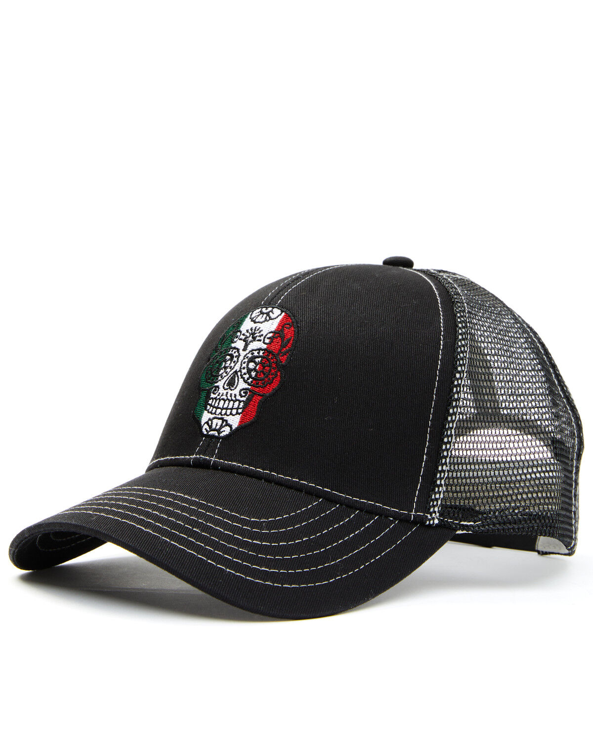 Image #1 - Cody James Men's Mexico Flag Sugar Skull Embroidered Ball Cap, Black, hi-res