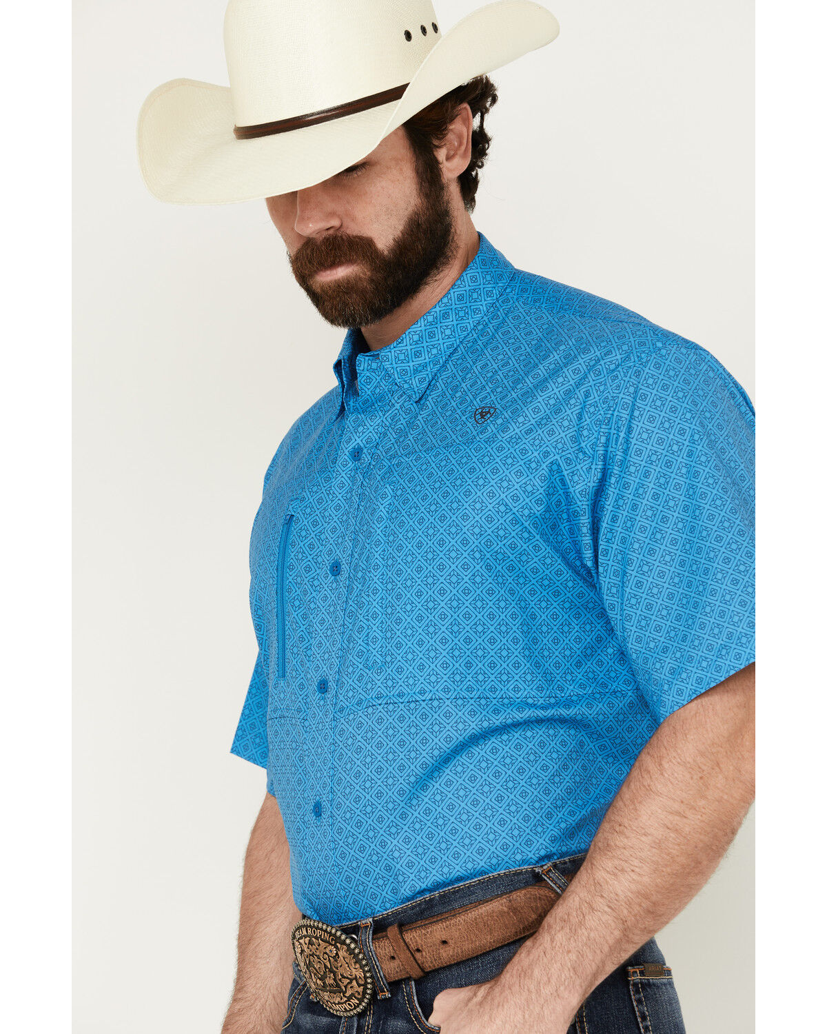 Image #2 - Ariat Men's VentTek Diamond Geo Print Short Sleeve Button-Down Performance Western Shirt - Tall, Blue, hi-res