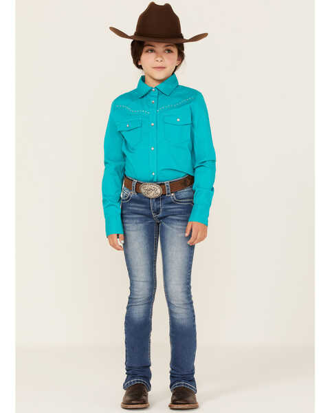 Image #2 - Shyanne Girls' Rhinestone Long Sleeve Western Button Down Shirt, Turquoise, hi-res