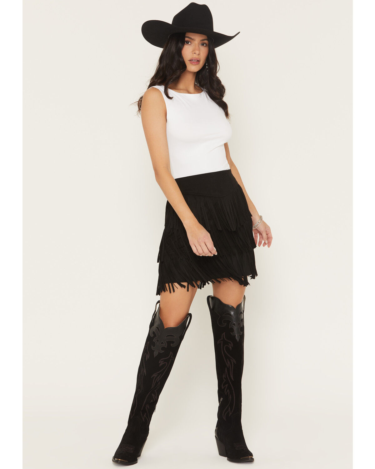 Image #1 - Fornia Women's Faux Suede Fringe Mini Skirt, Black, hi-res