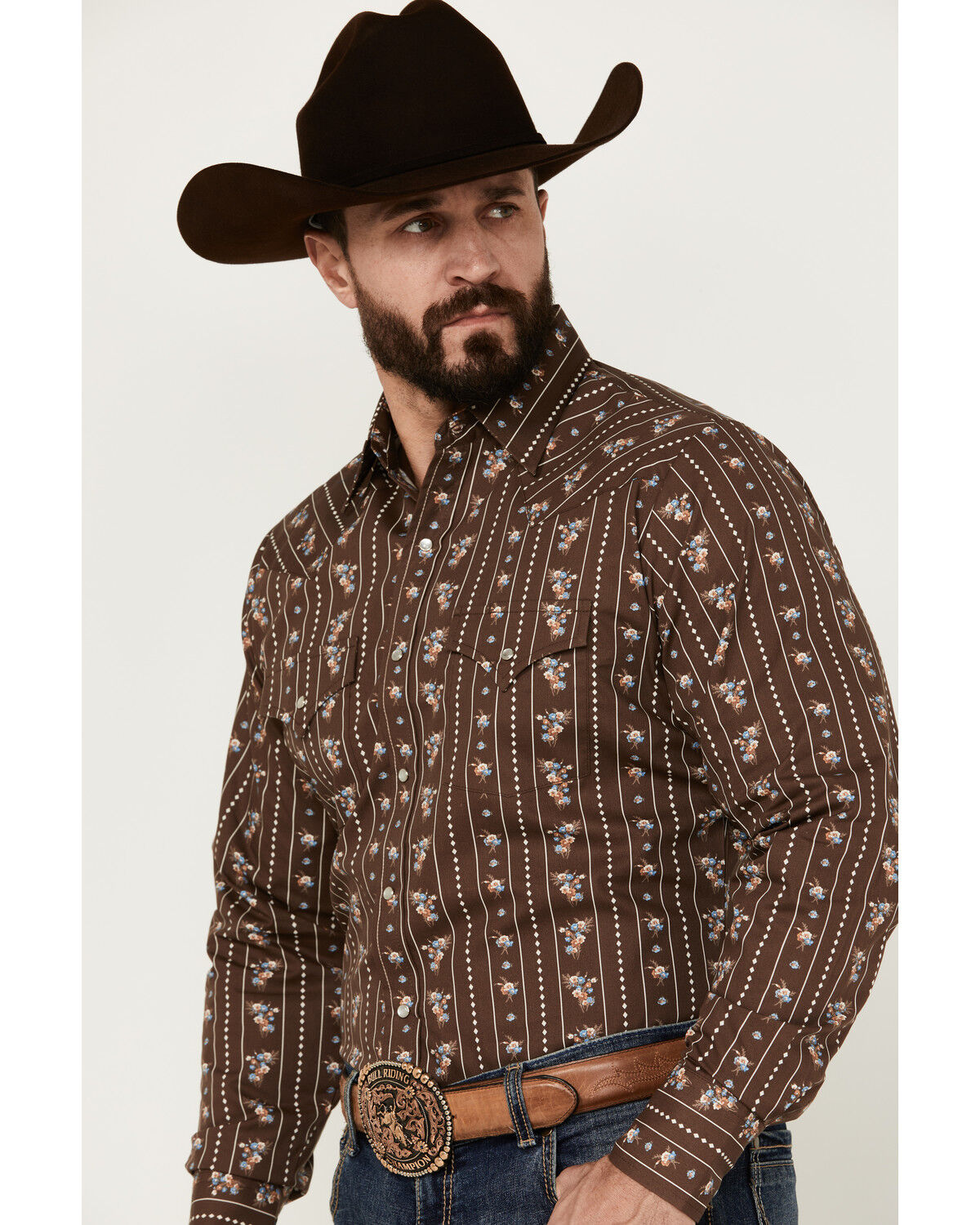 Image #2 - Ely Walker Men's Floral Striped Long Sleeve Pearl Snap Western Shirt, Brown, hi-res