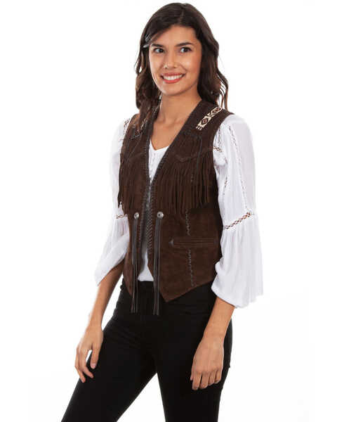 Leatherwear by Scully Women's Boar Suede Beaded Fringe Vest, Brown, hi-res