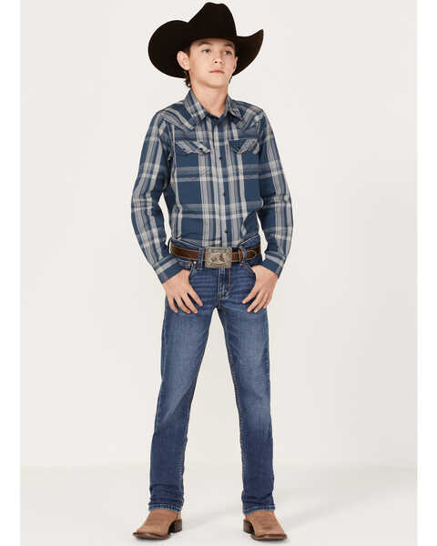 Image #2 - Cody James Boys' Plaid Print Long Sleeve Western Snap Shirt, Navy, hi-res