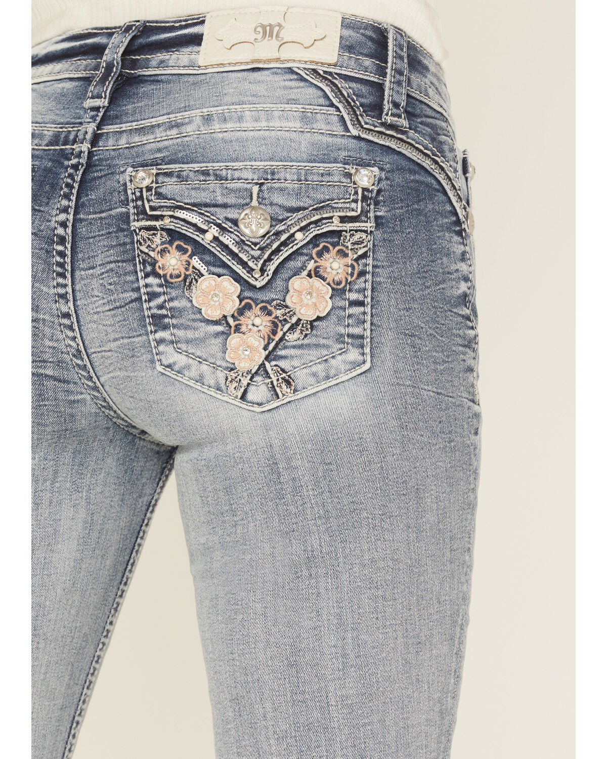Image #2 - Miss Me Women's Light Wash Mid Rise Floral Embroidered Bootcut Stretch Denim Jeans, Light Wash, hi-res