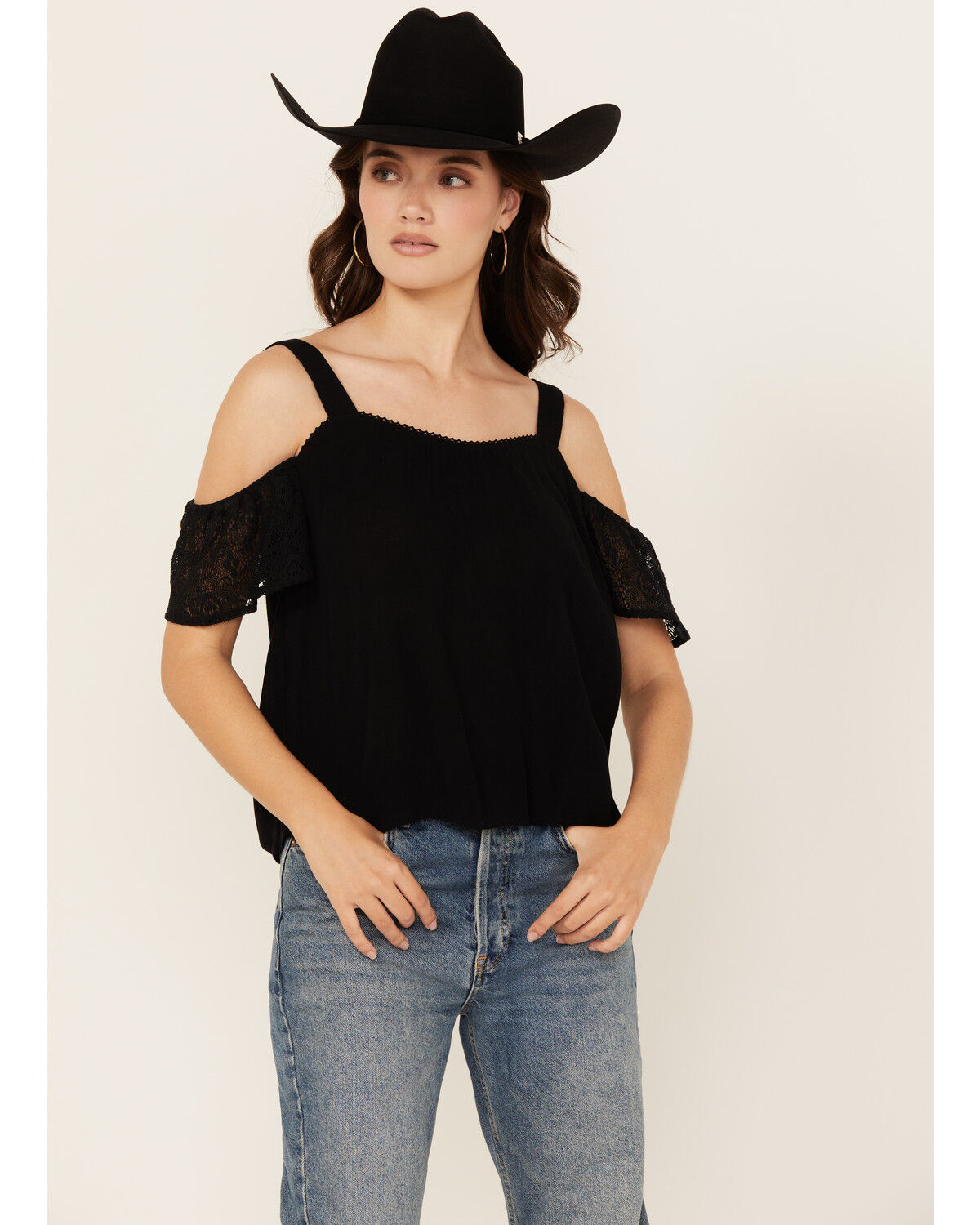 Image #1 - Jolt Women's Lace Cold Shoulder Tank, Black, hi-res
